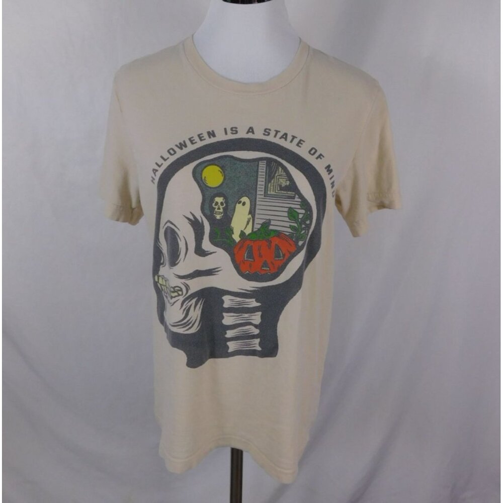 Halloween Skeleton Pumpkin Ghost Graphic Tee M Beige 100% Cotton Unisex